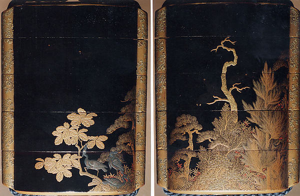 Case (Inrō) with Design of Three Herons Seated in Maple Tree (obverse); Three Crows in Autumn Forest (reverse)